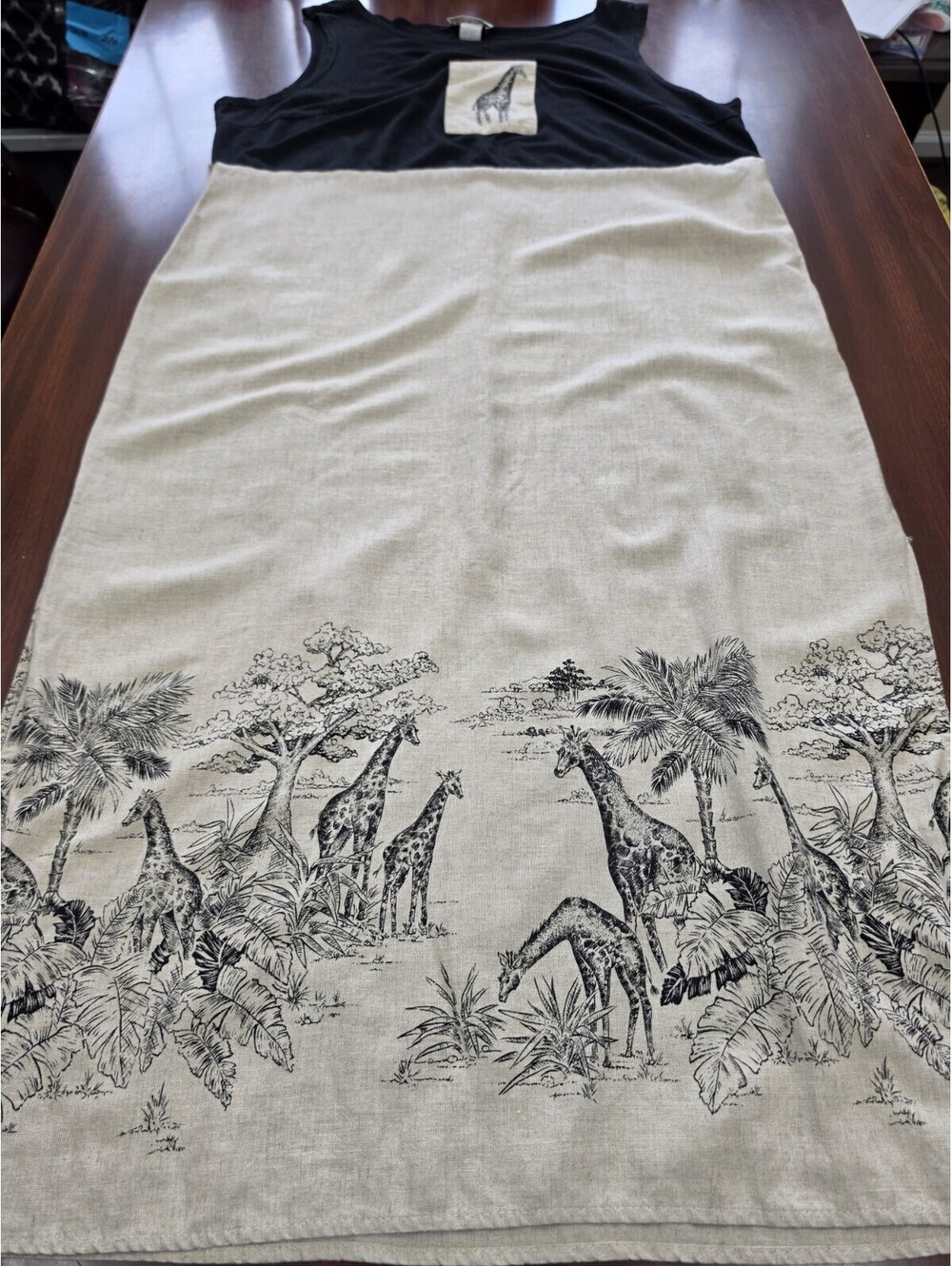 Studio C Plus Women 18 Dress Black Brown Linen Blend Giraffe Safari Animal Print